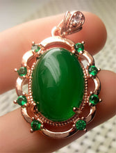 Load image into Gallery viewer, 10% OFF- Certified Natural Emerald A*Jade Handcrafted Lucky Green Jade Oval Pendant-Rose Gold 925 Sterling Silver A9329