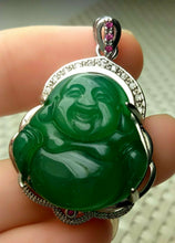 Load image into Gallery viewer, 10% OFF- Certified Natural Emerald A*Jade Handcrafted Lucky Happy Buddha Jade Pendant-White Gold 925 Sterling Silver