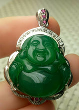 Load image into Gallery viewer, 10% OFF- Certified Natural Emerald A*Jade Handcrafted Lucky Happy Buddha Jade Pendant-White Gold 925 Sterling Silver