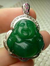 Load image into Gallery viewer, 10% OFF- Certified Natural Emerald A*Jade Handcrafted Lucky Happy Buddha Jade Pendant-White Gold 925 Sterling Silver