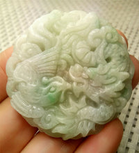 Load image into Gallery viewer, 10% OFF- Certified Natural Lavender Jadeite Emerald A*Jade HandCarved Lucky Dragon-Phoenix Jade Pendant A8892