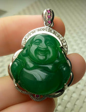 Load image into Gallery viewer, 10% OFF- Certified Natural Emerald A*Jade Handcrafted Lucky Happy Buddha Jade Pendant-White Gold 925 Sterling Silver