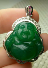 Load image into Gallery viewer, 10% OFF- Certified Natural Emerald A*Jade Handcrafted Lucky Happy Buddha Jade Pendant-White Gold 925 Sterling Silver